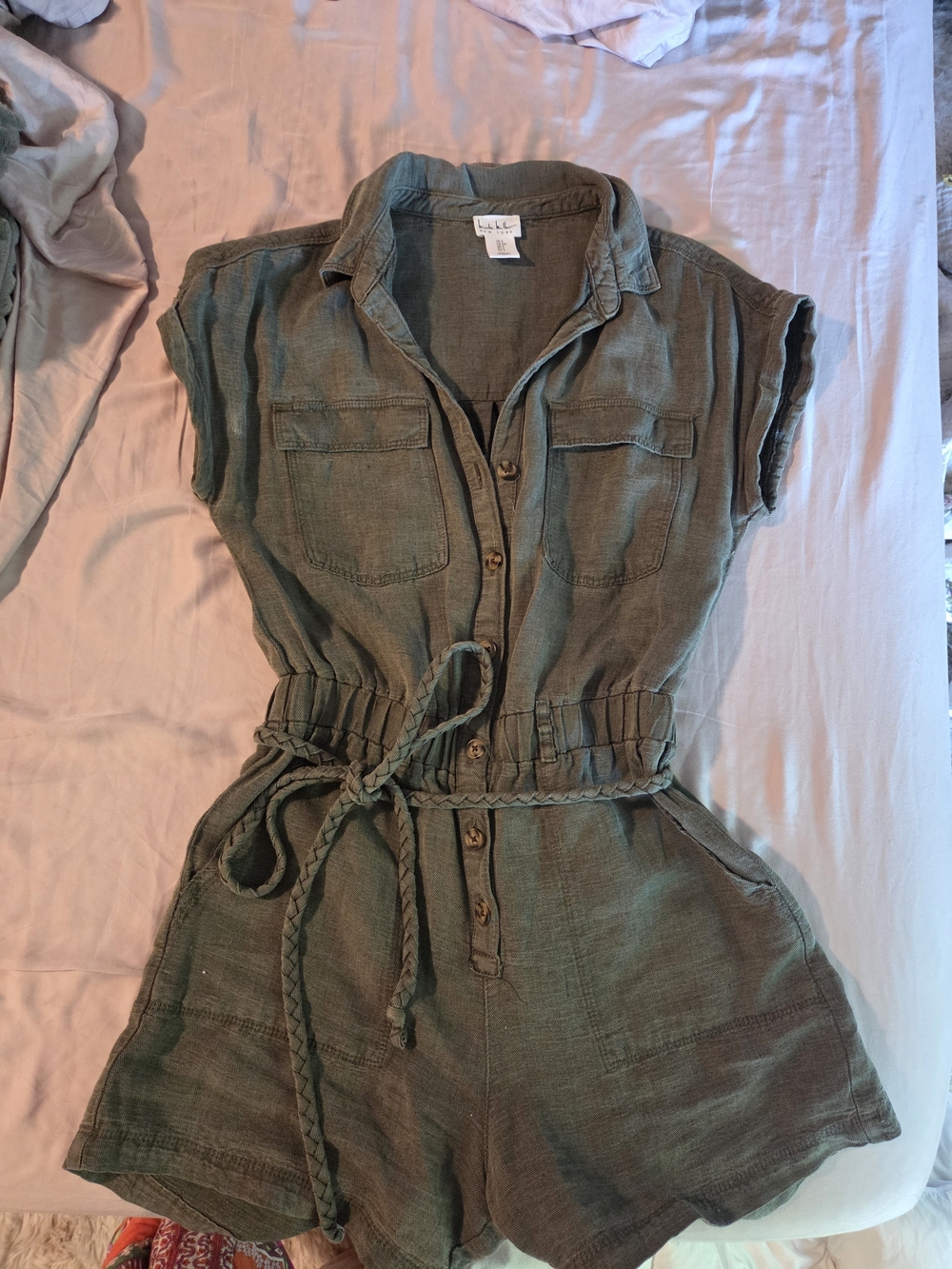 Nicole Miller Green Utility Tie-Waist Romper